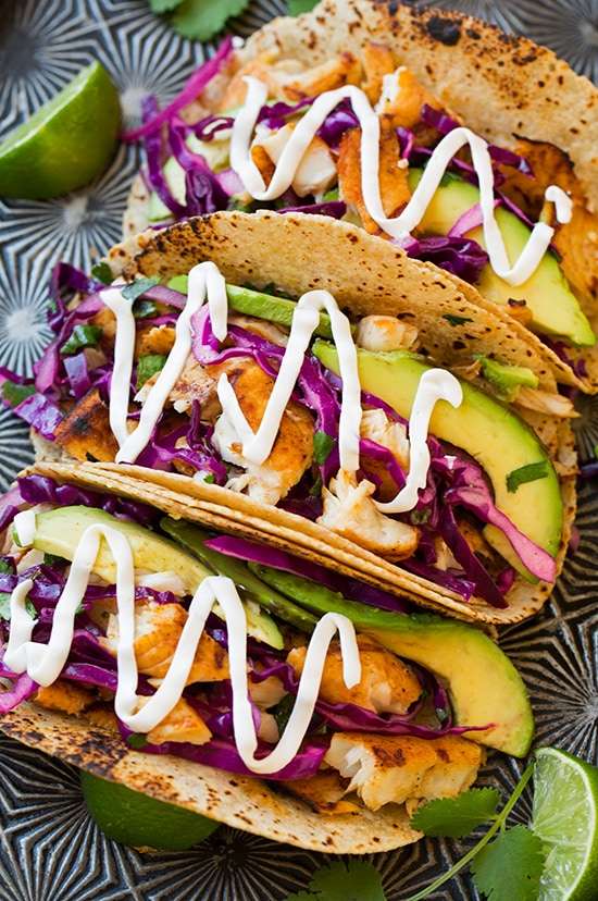 Fish Tacos {with Red Cabbage Slaw and Avocado}