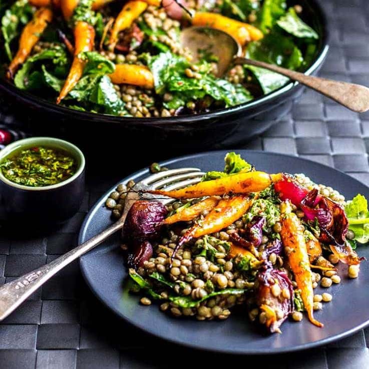 Lentil salad with roast baby carrots and red onions, dressed with ...